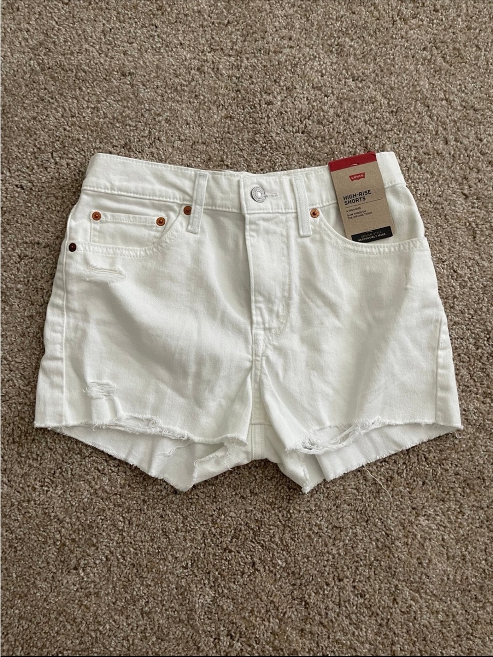 Levi's White High-Rise Frayed Denim Shorts